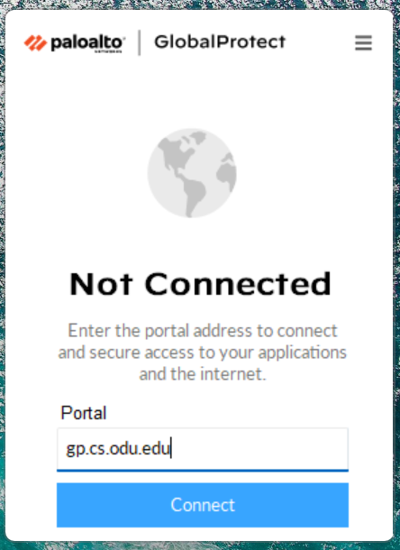 GlobalProtect Portal Address Window with gp.cs.odu.edu filled in