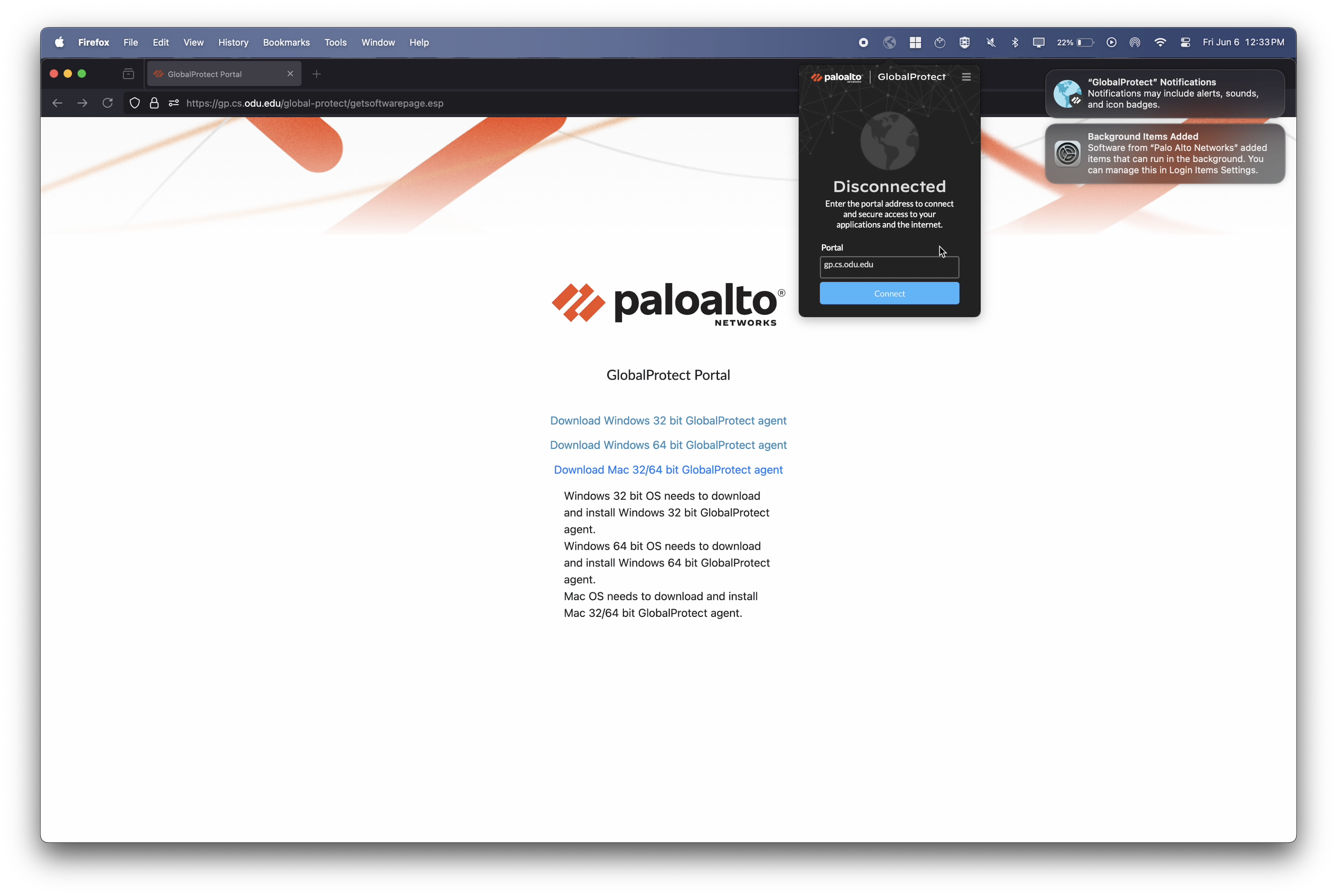 GlobalProtect Window with Disconnect Button on macOS