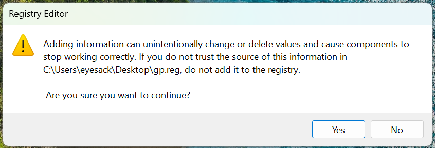 Registry Editor Warning Prompt