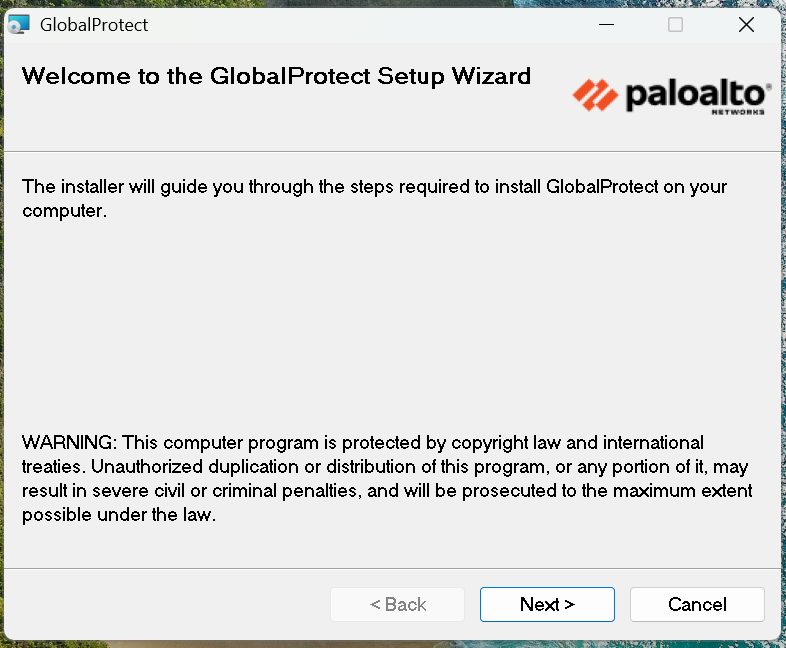 GlobalProtect Installer Welcome Screen
