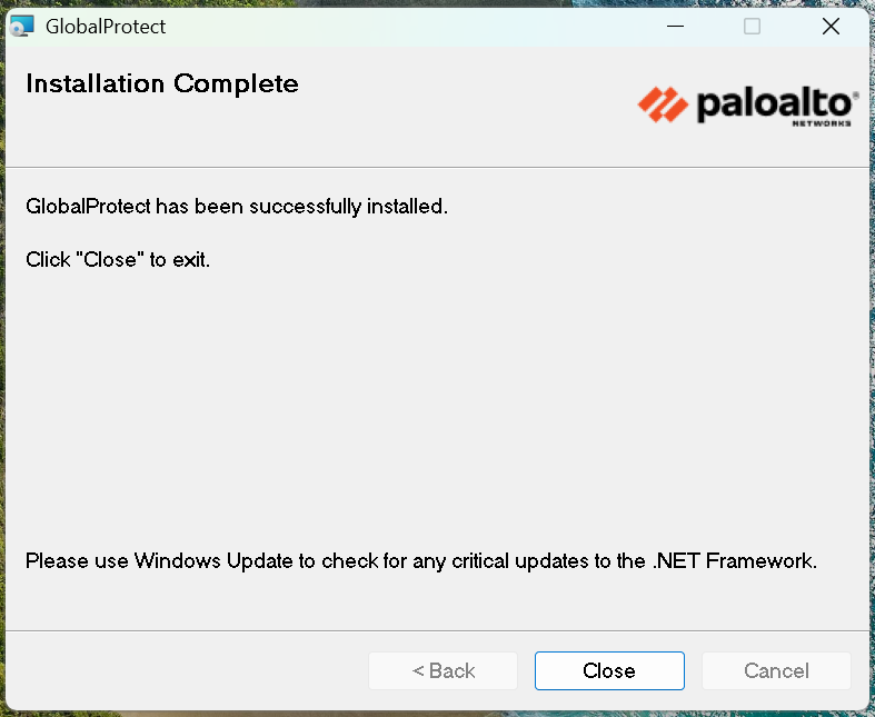 GlobalProtect Installer Complete