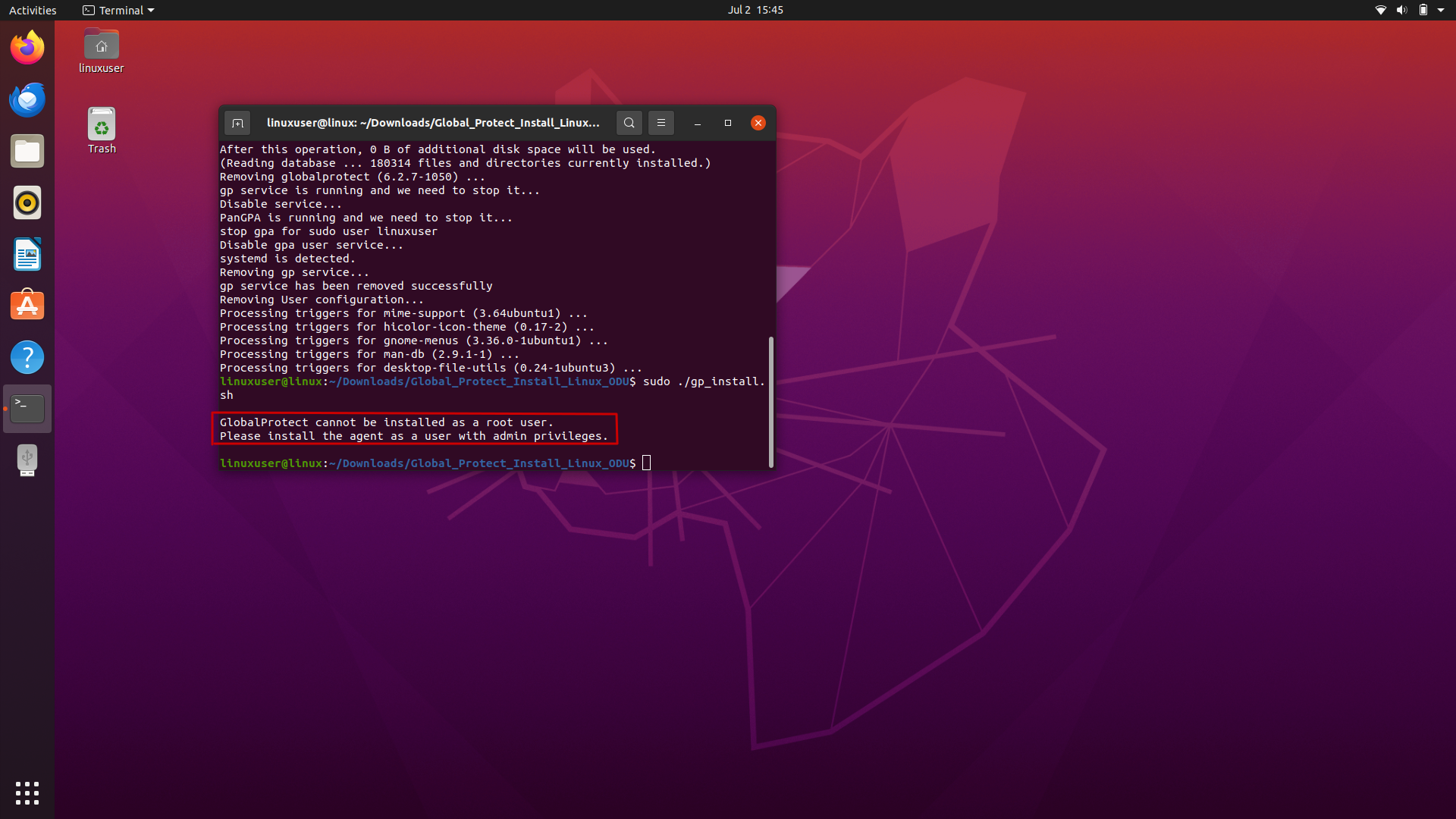 GlobalProtect Running as Root error